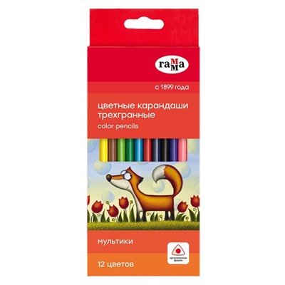 Карандаши цветные 12 цветов «Гамма. Мультики», трёхгранные, заточенные, картонная упаковка, (290122_12)