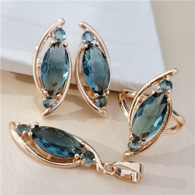 Комплект ювелирной бижутерии коллекция "Дубай" серьги, кулон и кольцо 19 р, покрытие позолота, вставка: стекло, цвет: синий, арт.414.295-19