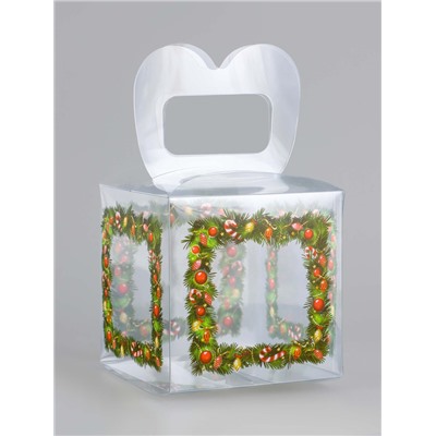 Коробка подарочная новогодняя складная ПВХ «Новогодние игрушки» 10×10×10 см