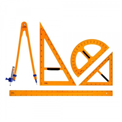 Набор для школьной доски (линейка 100см, треугольник 30°, треугольник 45°, транспортир, циркуль), пластик, желтый, коробка НД-13041 Стамм