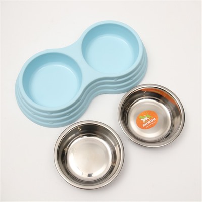 Миска двойная, 25×14×5 см, на пластиковом основании, металл, голубая