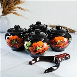 УЦЕНКА Набор горшков «Подарочный с ухватом» 3×0.85 л / 27×21×13 см, мак на черном