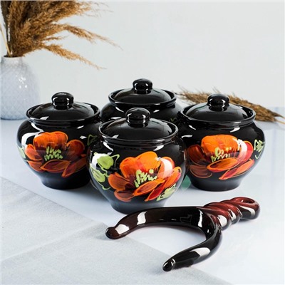 УЦЕНКА Набор горшков «Подарочный с ухватом» 3×0.85 л / 27×21×13 см, мак на черном