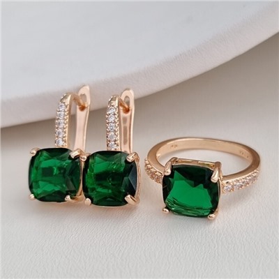 Комплект ювелирная бижутерия с квадратным камнем коллекция  "Дубай" серьги и кольцо 18 р, покрытие: позолота, вставка: фианиты, цвет: прозрачный и зеленый, арт.213.788-18