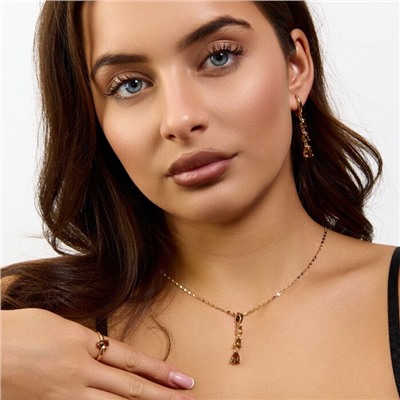 Комплект ювелирной бижутерии коллекция "Дубай" серьги, кулон и кольцо 20 р, покрытие позолота, вставка: фианиты, цвет: коричневый, арт.414.313-20