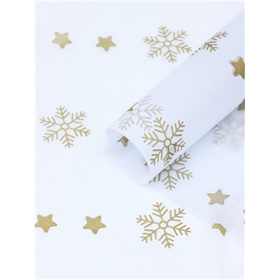 Бумага упаковочная новогодняя тишью «Снежинки со звездами», золотистый, 50×66 см
