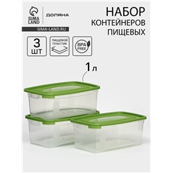 Набор контейнеров пищевых Доляна, 3 шт.: 1 л, 18.5×12×7 см, прямоугольные, прозрачные, МИКС