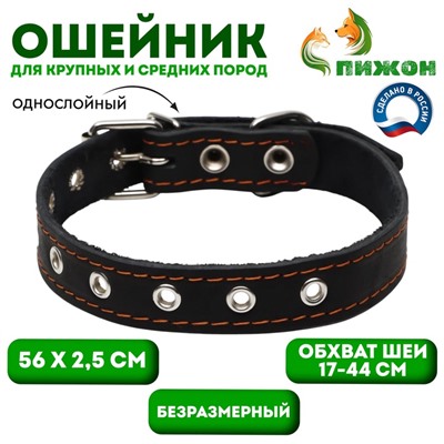 Ошейник кожаный однослойный, безразмерный, 56×2.5 см, ОШ 17-44 см, чёрный
