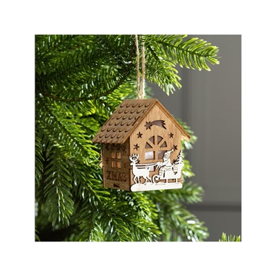 Ёлочная игрушка «Домик с Дедом Морозом на санках», 8×7×5.5 см, от батареек, свечение тёплое белое
