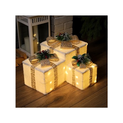 Светодиодная фигура «Подарки с бежевой лентой» 15, 20, 25 см, текстиль, металл, 220 В, свечение тёплое белое