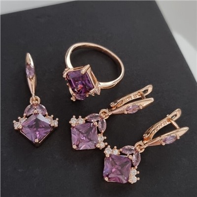 Комплект ювелирной бижутерии Дубайское золото, покрытие: позолота, серьги, кулон и кольцо 20 р, вставка: фианиты, цвет: фиолетовый и прозрачный, арт.314.780-20