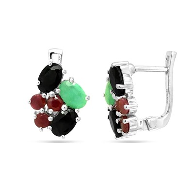 Серьги из серебра изумруд берилл, рубин корунд, сапфир корунд, Индира