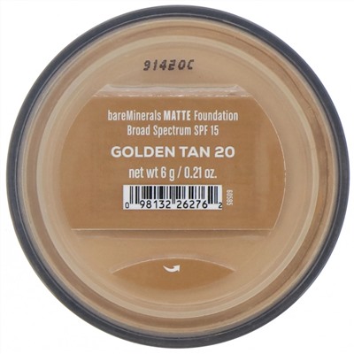 bareMinerals, Matte, тональная основа, SPF 15, оттенок «Золотистый загар 20», 6 г