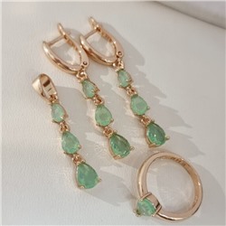 Комплект ювелирной бижутерии коллекция "Дубай" серьги, кулон и кольцо 19 р, покрытие позолота, вставка: фианиты, цвет: фисташковый, арт.414.310-19