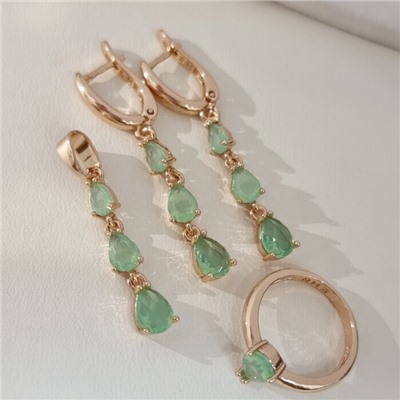 Комплект ювелирной бижутерии коллекция "Дубай" серьги, кулон и кольцо 18 р, покрытие позолота, вставка: фианиты, цвет: фисташковый, арт.414.310-18