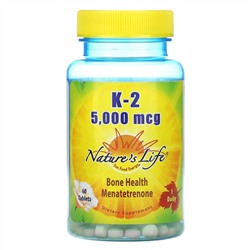 Nature's Life, K-2, менатетренон, 5 000 мкг, 60 таблеток