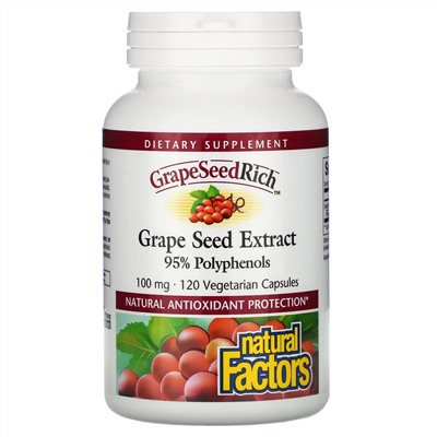 Natural Factors, GrapeSeedRich, экстракт виноградных косточек, 100 мг, 120 вегетарианских капсул