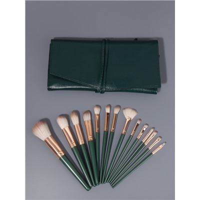 Набор кистей для макияжа Lillian, 14 предметов, футляр на завязках, зелёный, серый