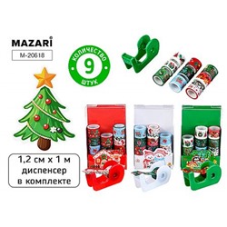 Набор клейкой ленты 9 шт. декоративная асcорти Новогодняя (1.2см х 1м,диспенсер) M-20618 Mazari