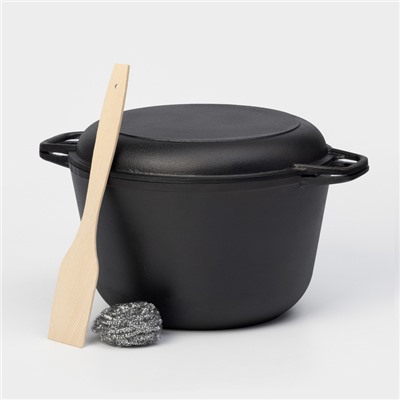 Кастрюля Wild Kitchen, 6 л, d=27 см, с крышкой-сковородой, лопатка и губка в комплекте, чугун
