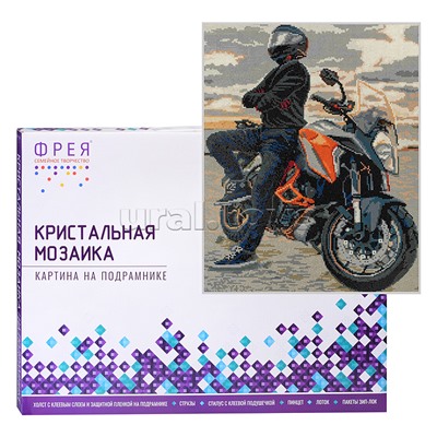 Кристальная (алмазная) мозаика на подрамнике "Мотоциклист на закате" 40х50