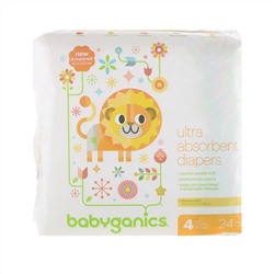 BabyGanics, Сверх-впитывающие подгузники, размер 4, 10-17 кг (22-37 lbs), 24 штуки