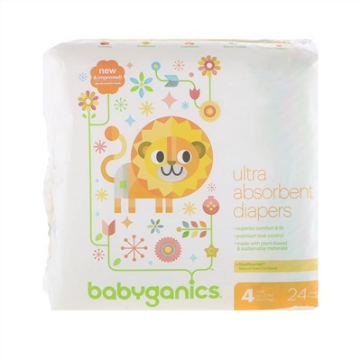 BabyGanics, Сверх-впитывающие подгузники, размер 4, 10-17 кг (22-37 lbs), 24 штуки