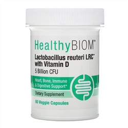 HealthyBiom, Lactobacillus Reuteri LRC с витамином D, 5 млрд КОЕ, 60 растительных капсул