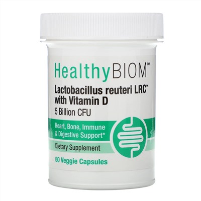 HealthyBiom, Lactobacillus Reuteri LRC с витамином D, 5 млрд КОЕ, 60 растительных капсул