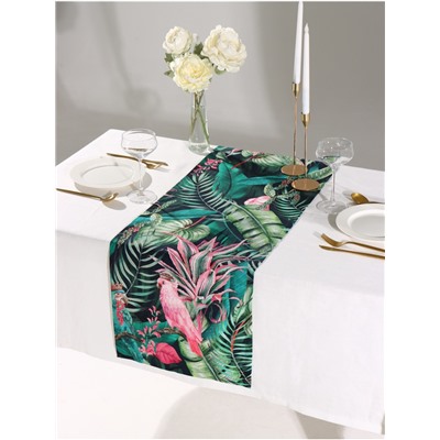 Дорожка на стол «Этель» Tropical parrots 40×146 см, 100% хлопок, саржа 190 г/м², зелёная/чёрная