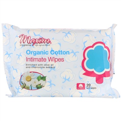 Maxim Hygiene Products, Влажные салфетки для интимной гигиены, из органического хлопка, 20 шт.