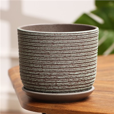 Горшок для цветов «Лоза», 1.6 л, d=15.5 см, h=12.5 см, керамический, с поддоном, серый, зелёный