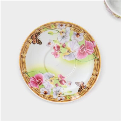 Набор чайный керамический на металлической подставке Доляна «Садовый дворик», 13 предметов: 6 чашек 200 мл, 6 блюдец d=14.1 см, чайник 1 л ㅤ