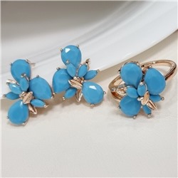 Комплект ювелирной бижутерии коллекция "Дубай" серьги и кольцо 17 р, покрытие позолота, вставка: стекло, цвет: бирюзовый, арт.215.563-17