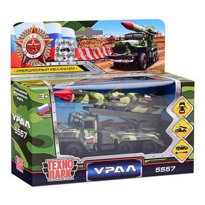 Машина металл. Урал Ракета 12см, (открыв. двери, зел. камуф.) инерц. в коробке