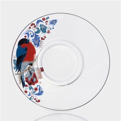 Чайная пара новогодняя «Снегири на рябине», 200 мл, блюдце d=13 см, стекло, прозрачная