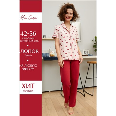 Пижама жакет к/рук, брюки жен Mia Cara SS21WJ327 French Kiss красный/сердечки