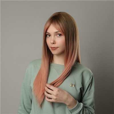 Парик искусственный, с чёлкой, имитация кожи, 60 см, 240 г, омбре русый, пепельно-розовый
