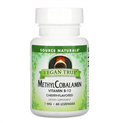 Source Naturals, Vegan True, MethylCobalamin Vitamin B-12, Cherry , 1 mg, 60 Lozenges
