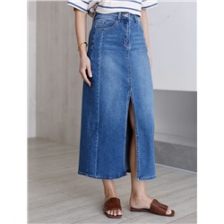 Джинсовая юбка миди с разрезом из эластичного денима