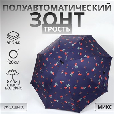 Зонт - трость полуавтоматический «Вишня», эпонж, 8 спиц, R=51/60 см, d=102 см, МИКС