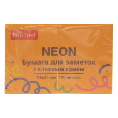 Бумага для заметок с клеевым краем 76х51 мм 100 листов "NEON" оранжевая 090329 Хатбер