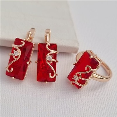 Комплект ювелирной бижутерии коллекция "Дубай" серьги и кольцо 19 р, покрытие позолота, вставка: фианиты, цвет: красный, арт.414.015-19