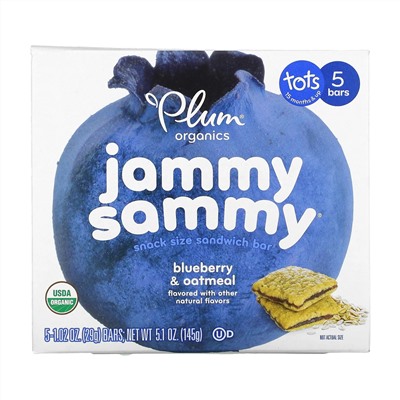 Plum Organics, Jammy Sammy, для детей от 15 месяцев, голубика и овсянка, 5 батончиков по 29 г (1,02 унции) каждый
