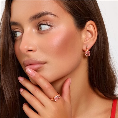 Комплект ювелирная бижутерия коллекция  "Дубай" серьги и кольцо 18 р, покрытие: позолота, вставка: фианиты, цвет: розовый и прозрачный, арт.217.319-18