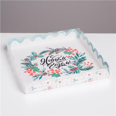 Коробка для кондитерских изделий с пластиковой крышкой «С Новым годом», 21×21×3 см