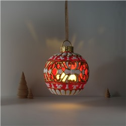 Фигурка-подвеска световая полистоун «Новогодний шар красный с белыми узорами», ёлочная игрушка, 16.5×16.5×20 см