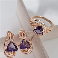 Комплект ювелирная бижутерия коллекция  "Дубай" серьги и кольцо 17 р, покрытие: позолота, вставка: фианиты, цвет: фиолетовый и прозрачный, арт.314.766-17
