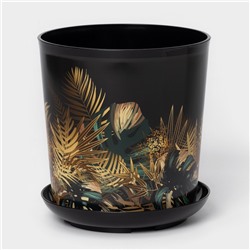 Горшок для цветов с поддоном Доляна «Голди. Листья», 1.6 л, d=14 см, h=15.5 см, пластиковый, цвет чёрный