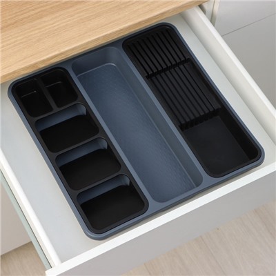 Лоток для столовых приборов и ножей FOLYlife, 40×5.1 см, 7 отделений, пластик, серый, чёрный